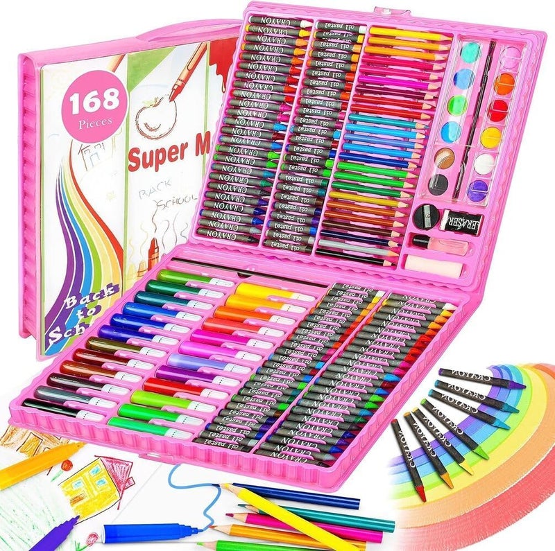 Parssufy 168 Pieces Art Set for Kids with Case, Art and Craft Supplies Kit for Drawing and Painting, Color Set with Markers, Water Colors, Brush, Color Pencils, Crayons (168 pcs Pink) - Image 1