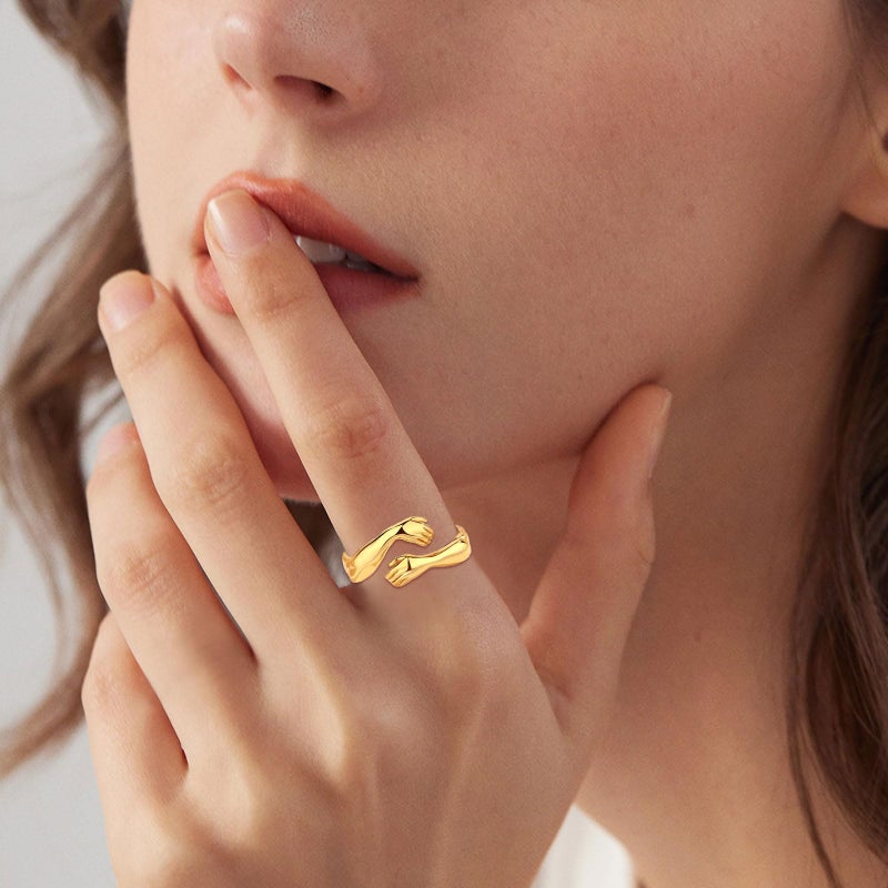 EUDORA Hug Rings for Women Men 18K Gold-plated Sterling Silver, Adjustable Hugging Hands Open Ring Always with You Couples Bands Rings Promise Ring Jewelry Gifts for Dad Mom Wife Husband Son Daughter - Image 5