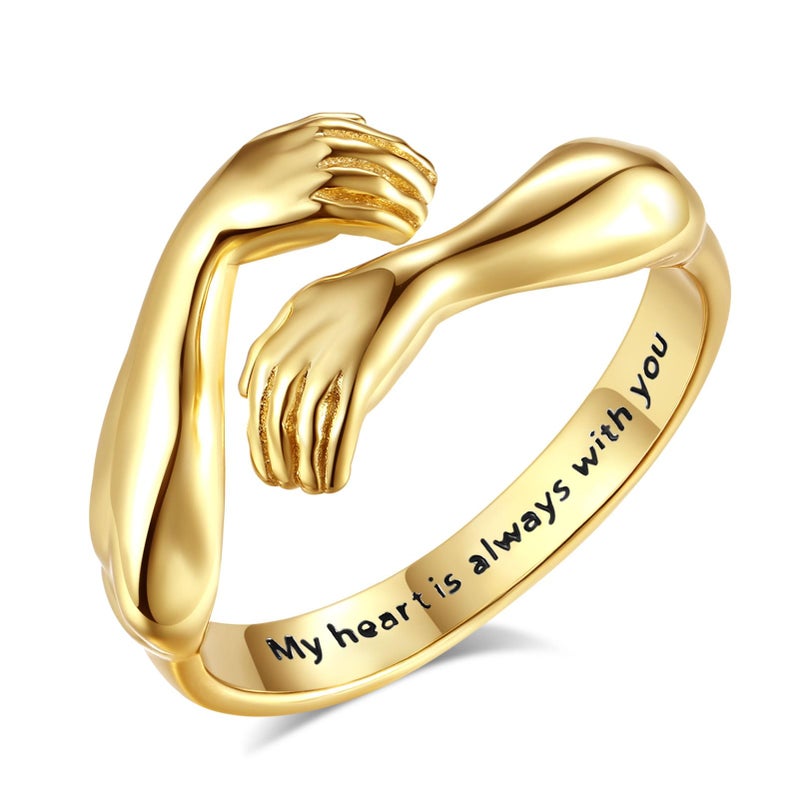 EUDORA Hug Rings for Women Men 18K Gold-plated Sterling Silver, Adjustable Hugging Hands Open Ring Always with You Couples Bands Rings Promise Ring Jewelry Gifts for Dad Mom Wife Husband Son Daughter - Image 1