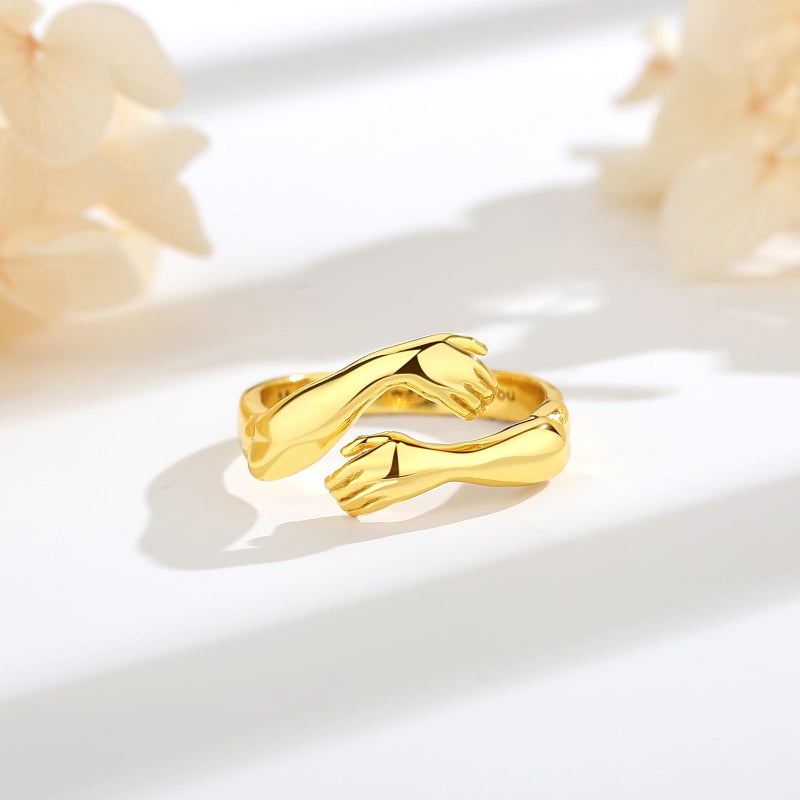 EUDORA Hug Rings for Women Men 18K Gold-plated Sterling Silver, Adjustable Hugging Hands Open Ring Always with You Couples Bands Rings Promise Ring Jewelry Gifts for Dad Mom Wife Husband Son Daughter - Image 2
