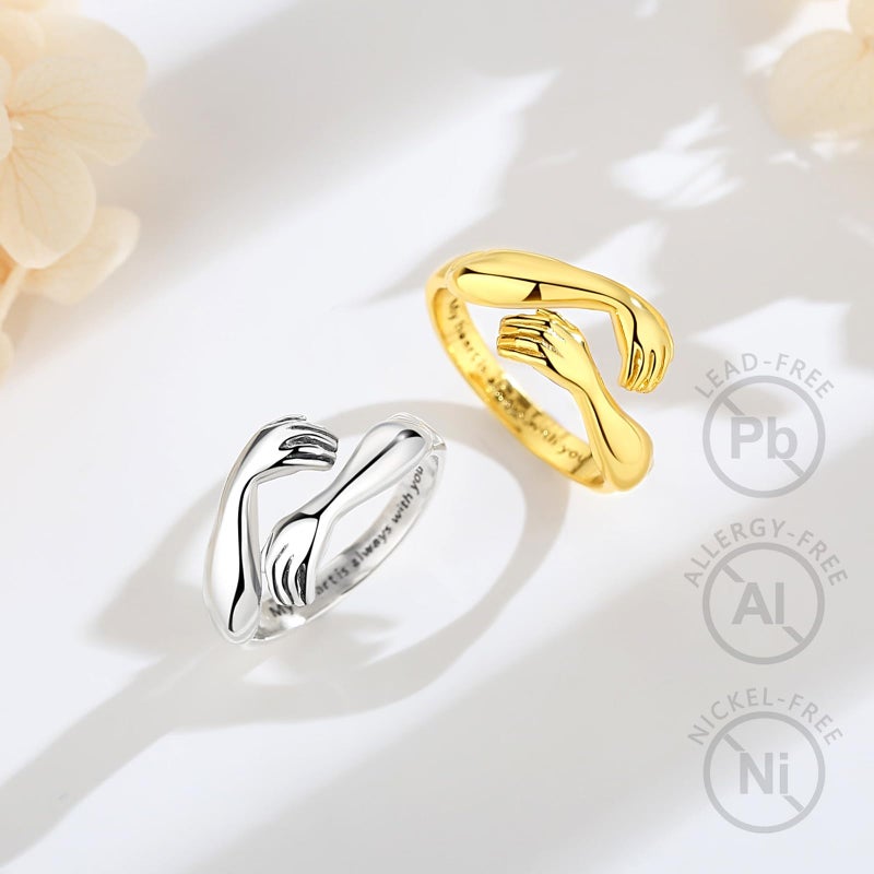 EUDORA Hug Rings for Women Men 18K Gold-plated Sterling Silver, Adjustable Hugging Hands Open Ring Always with You Couples Bands Rings Promise Ring Jewelry Gifts for Dad Mom Wife Husband Son Daughter - Image 3