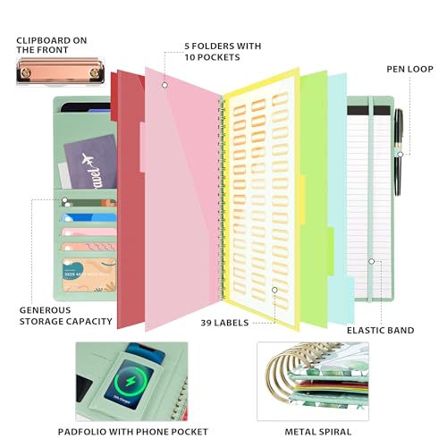 Ospelelf Clipboard with Storage for Men Women, Leather Padfolio Portfolio Organizer 5 Folders with 10 Pockets, Spiral Clipboard Folio with Notepad for Letter Size, Elastic Closure and Pen Loop Green Plants - Image 2