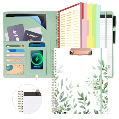 Ospelelf Clipboard with Storage for Men Women, Leather Padfolio Portfolio Organizer 5 Folders with 10 Pockets, Spiral Clipboard Folio with Notepad for Letter Size, Elastic Closure and Pen Loop Green Plants - Image 1