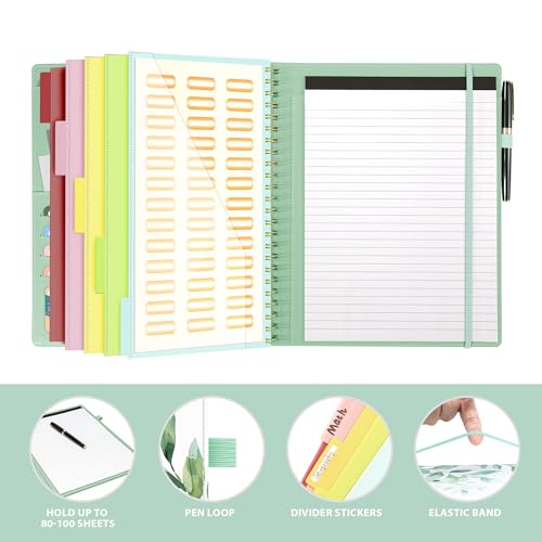 Ospelelf Clipboard with Storage for Men Women, Leather Padfolio Portfolio Organizer 5 Folders with 10 Pockets, Spiral Clipboard Folio with Notepad for Letter Size, Elastic Closure and Pen Loop Green Plants - Image 5