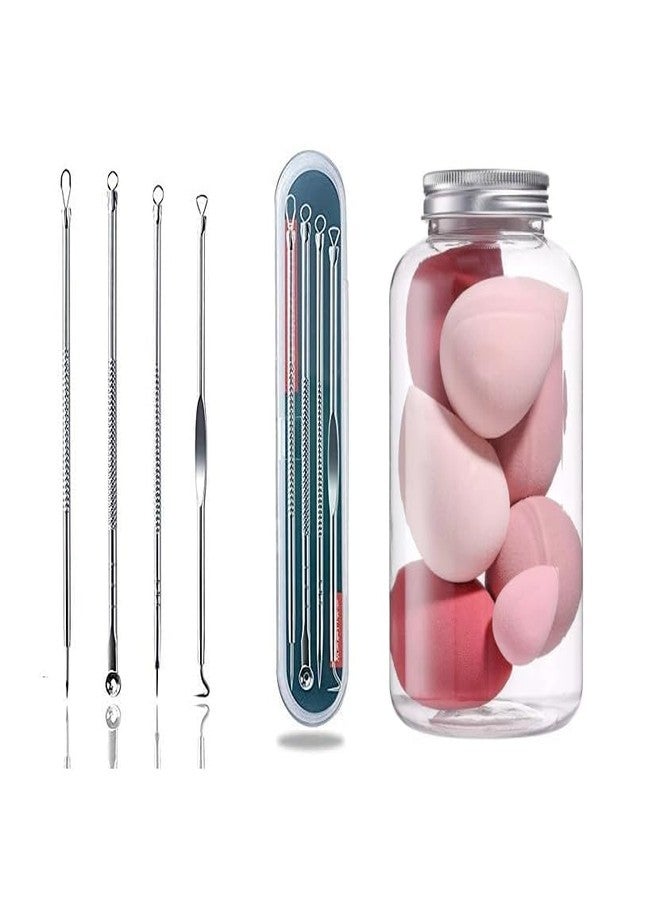 SUNISA Acne Blackhead Removal Tool Set, 4 Professional Stainless Steel Extractors with Storage Case, Pink Beauty Blender Sponges - Image 1