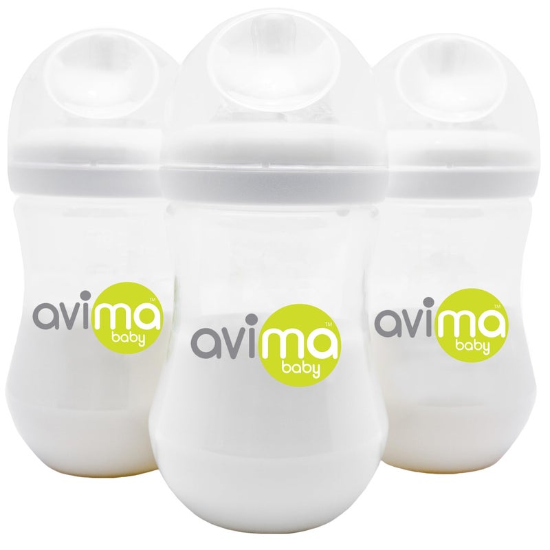 Avima Baby 9 oz Anti Colic Baby Bottles for Breastfed Babies Medium Flow Nipples Wide Neck Bottle BPA Free 36 Months Stage 2 Set of 3