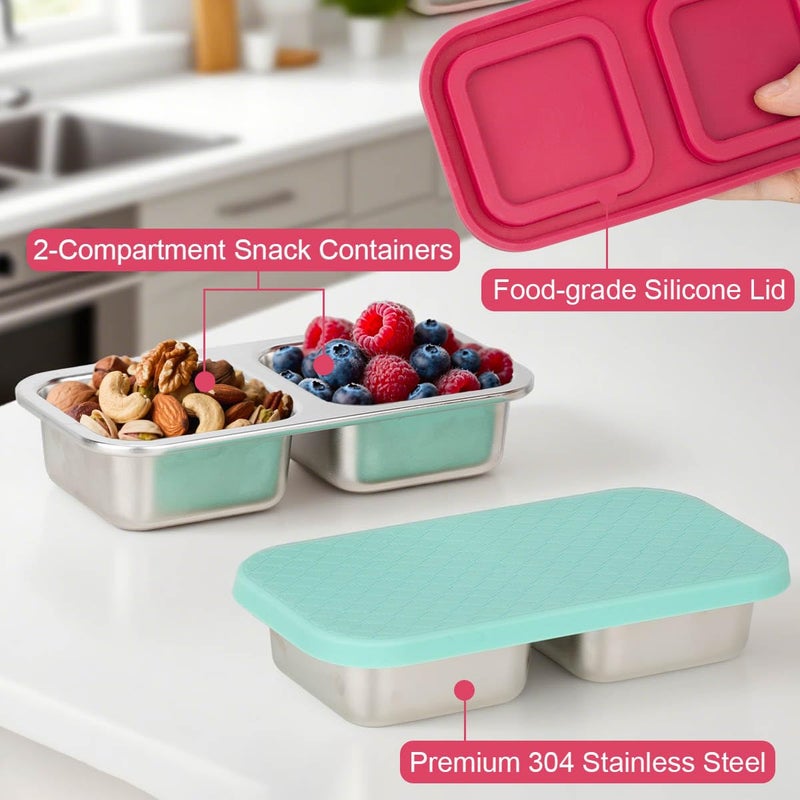 DOSEWART 2-Compartment Stainless Steel Snack Containers, Reusable Snack Containers with Silicone Lids for Meal Prep Food Storage On-the-Go Snacking(2 Pack) - Image 4