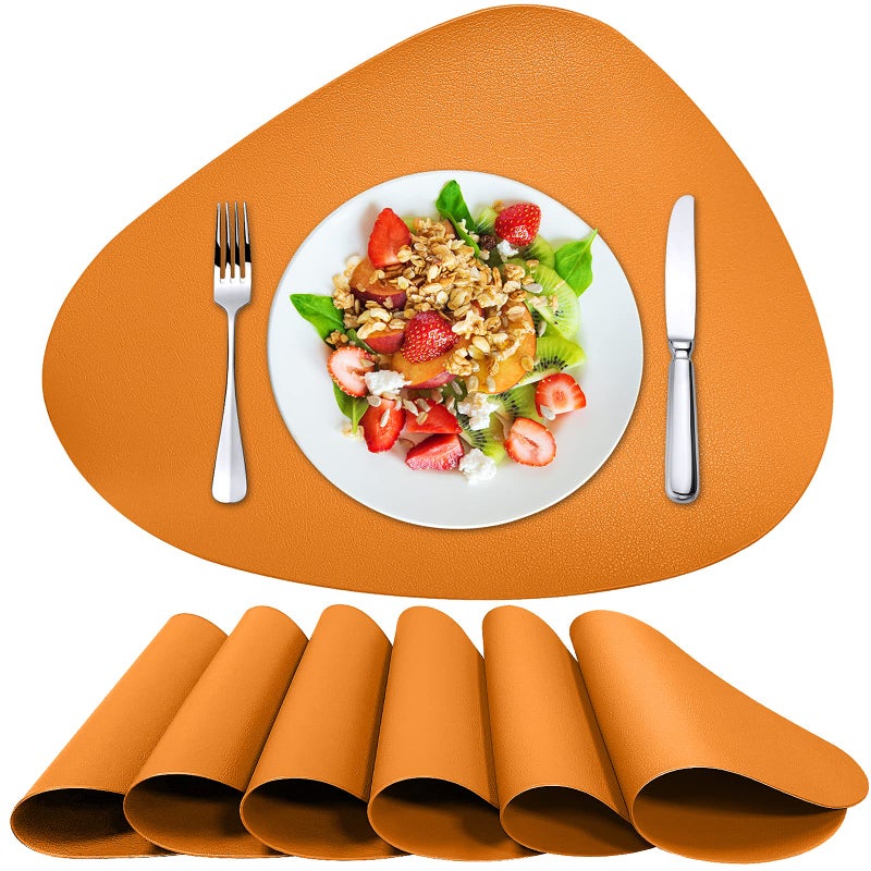 Herda Faux Leather Fall Placemats Set of 6 Wipeable Washable Place Mats for Round Table Non-Slip Table Mats for Kitchen Dining Patio Heat Resist Easy to Clean Orange Placemats - Image 1