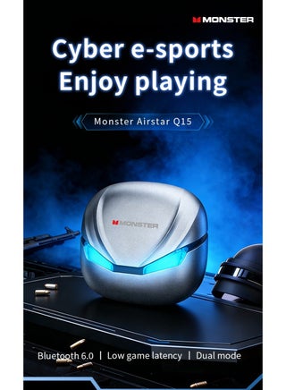 Monster Airstar Q15 Gaming Earbuds | Cool LED Lights | Bluetooth 6.0 | 360° Surround Sound | Low Latency-Silver - view 2