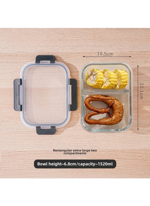 Rectangular High Borosilicate Glass Lunch Box Can Be Heated In Microwave Oven Special Fresh-keeping Box Lunch Box For Office Workers-Specifications:Rectangular Extra Large Two Dividers-Color:High Boron Bowl-black Snap Pp Cover