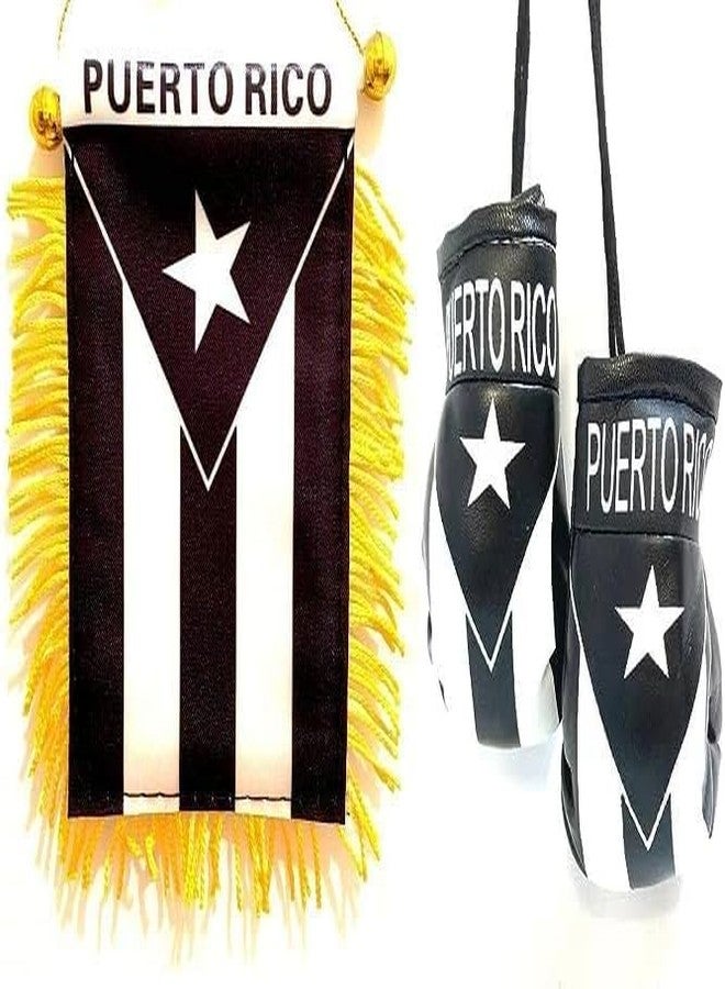 Hendel Set of Puerto Rico Black & White Window Hanging Car Flag, & Puerto Rico Black & White Boxing Glove - Image 1