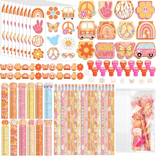 PerKoop 168 Pcs Groovy Party Favors Birthday Decorations Retro Boho Hippie Themed Two Groovy Mini Notebook Pencil Sticker Stamp Gift Goodie Bag for 60s 70s Peace Rainbow Daisy Prizes Piata Fillers - Image 1