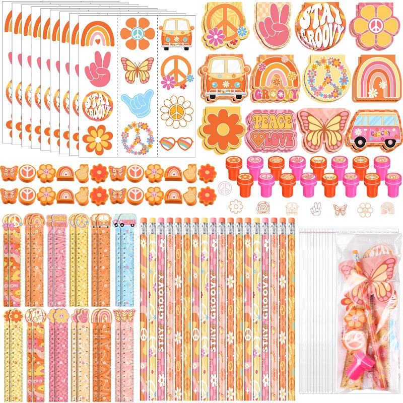 PerKoop 168 Pcs Groovy Party Favors Birthday Decorations Retro Boho Hippie Themed Two Groovy Mini Notebook Pencil Sticker Stamp Gift Goodie Bag for 60s 70s Peace Rainbow Daisy Prizes Piata Fillers - Image 3