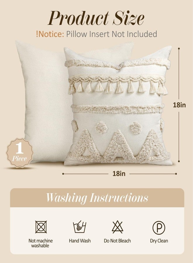 Kokaaee Throw Pillow Covers 18x18 - Tufted Boho Decorative Pillow Cover with Zipper for Couch Sofa Bed Living Room Aesthetic Soft Farmhouse Textured Striped Indoor Pillowcase, Cream Tassel - Image 4