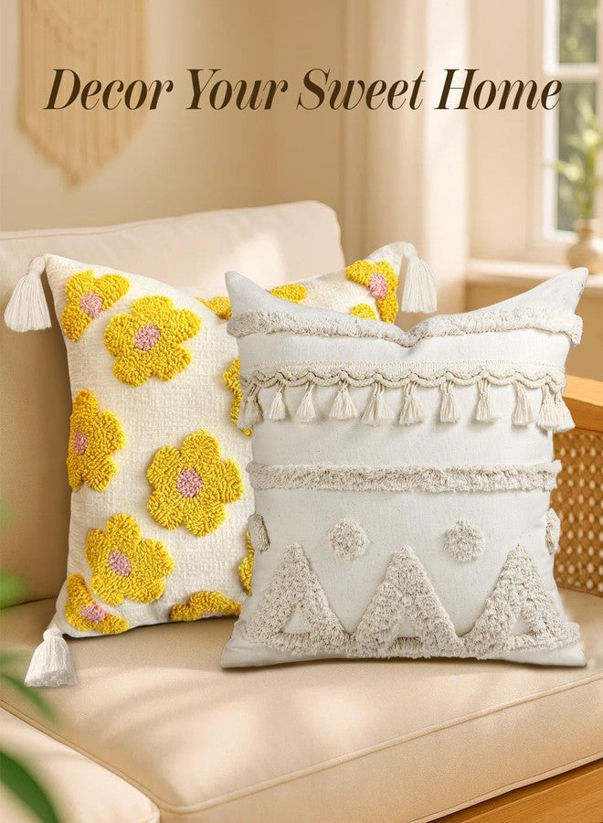 Kokaaee Throw Pillow Covers 18x18 - Tufted Boho Decorative Pillow Cover with Zipper for Couch Sofa Bed Living Room Aesthetic Soft Farmhouse Textured Striped Indoor Pillowcase, Cream Tassel - Image 5