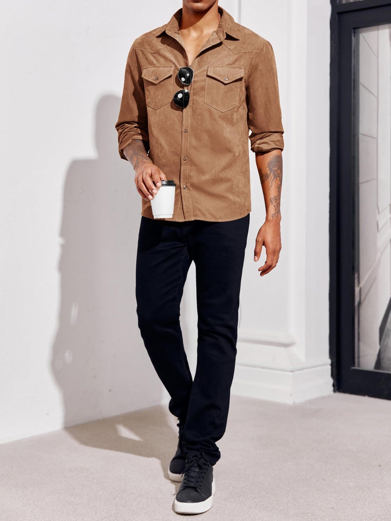 Runcati Mens Long Sleeve Suede Shirts Button Down Shacket Casual Work Western Regular Fit Shirt Jacket Red Brown - Image 4