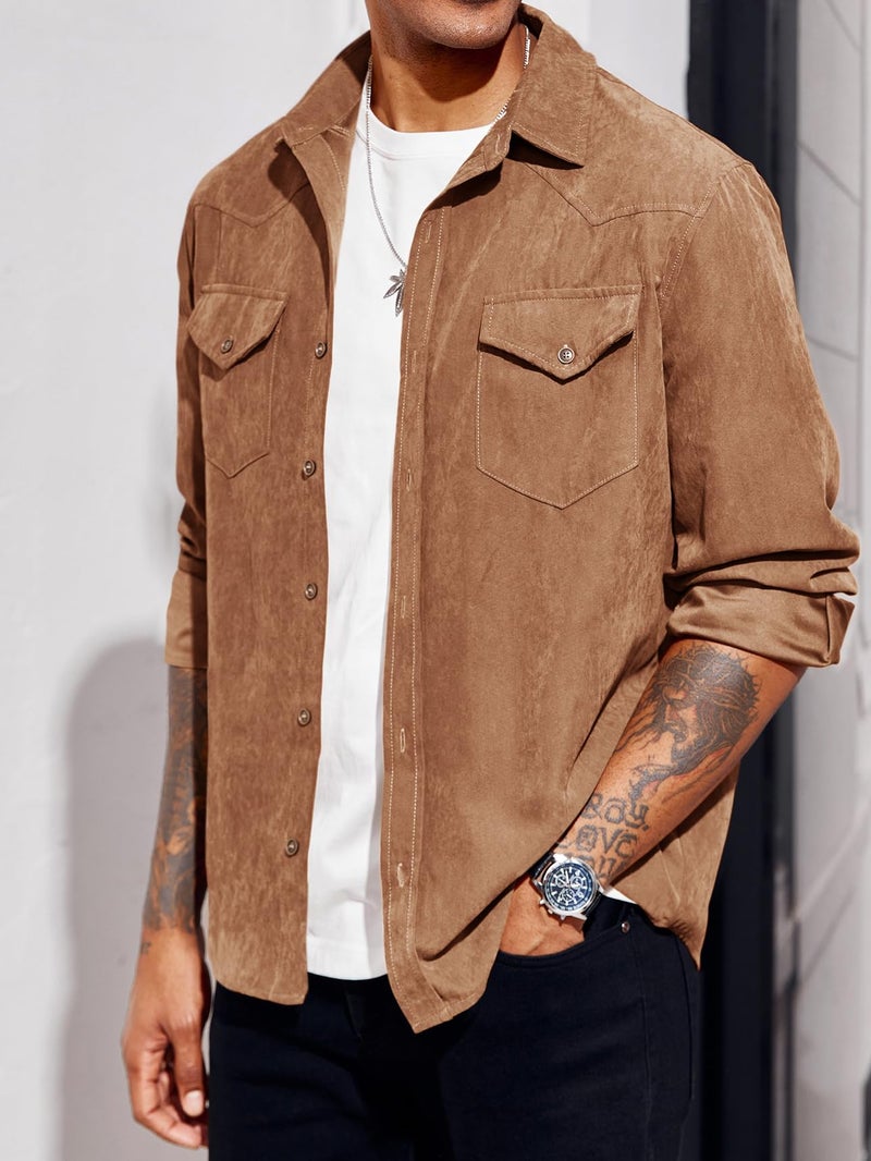 Runcati Mens Long Sleeve Suede Shirts Button Down Shacket Casual Work Western Regular Fit Shirt Jacket Red Brown - Image 2