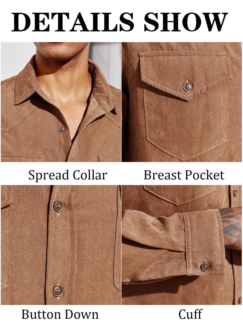 Runcati Mens Long Sleeve Suede Shirts Button Down Shacket Casual Work Western Regular Fit Shirt Jacket Red Brown - Image 5