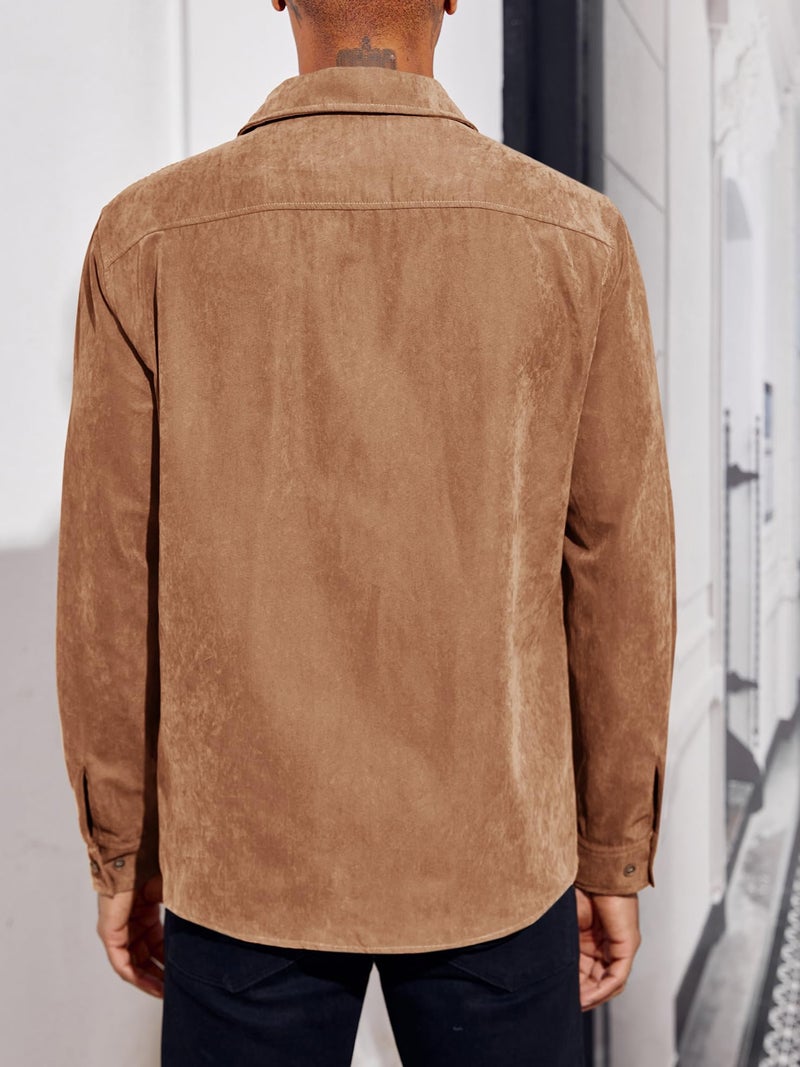 Runcati Mens Long Sleeve Suede Shirts Button Down Shacket Casual Work Western Regular Fit Shirt Jacket Red Brown - Image 3