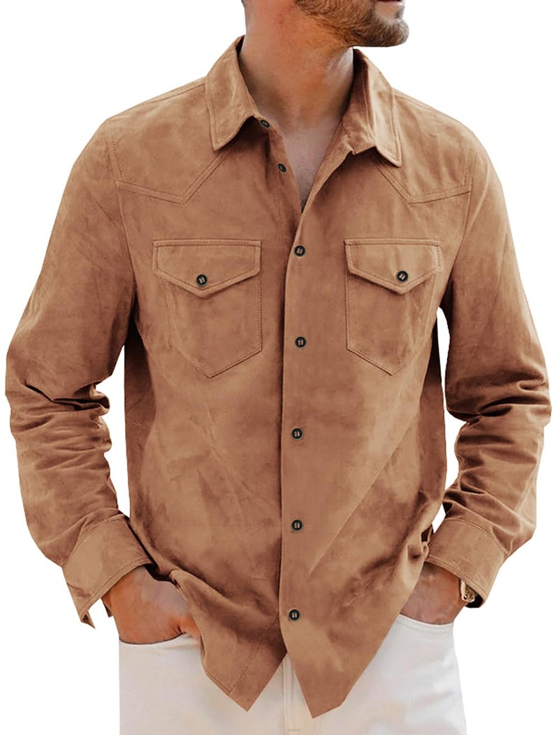 Runcati Mens Long Sleeve Suede Shirts Button Down Shacket Casual Work Western Regular Fit Shirt Jacket Red Brown - Image 1