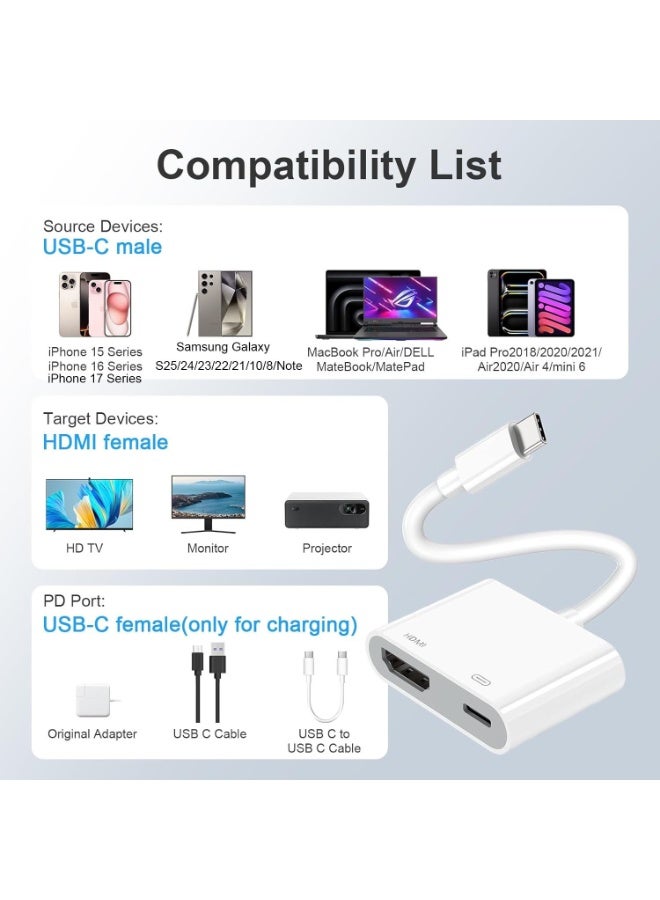 محول USB-C إلى HDMI لجهاز iPhone 17 إلى التلفاز، كابل محول AV الرقمي USB-C بمزامنة الشاشة بدقة 4K مع شحن سريع، قابل للتشغيل الفوري لأجهزة iPhone 15/16/17 Pro Max/Air وMacBook Pro وiPad Pro. - Image 2