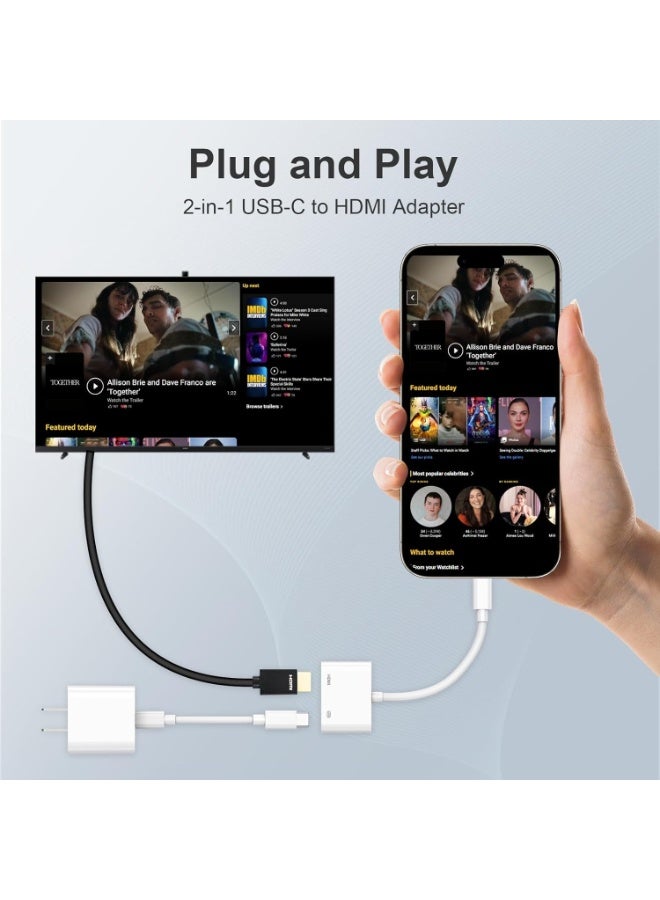 محول USB-C إلى HDMI لجهاز iPhone 17 إلى التلفاز، كابل محول AV الرقمي USB-C بمزامنة الشاشة بدقة 4K مع شحن سريع، قابل للتشغيل الفوري لأجهزة iPhone 15/16/17 Pro Max/Air وMacBook Pro وiPad Pro. - Image 3
