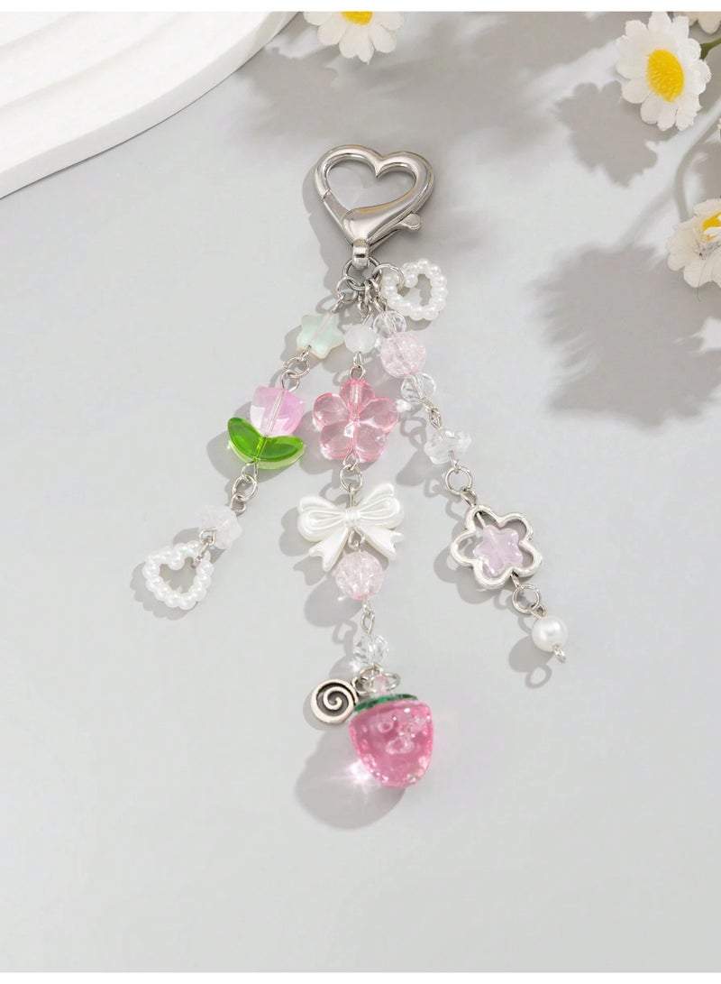 KHAJUL Cute Heart-Shaped Strawberry Pendant Keychain with Bow and Star Decor, Floral Tulip Bag Charm Key Ring for Women, Sweet Style Purse Charm for Daily Accessories, - Image 4