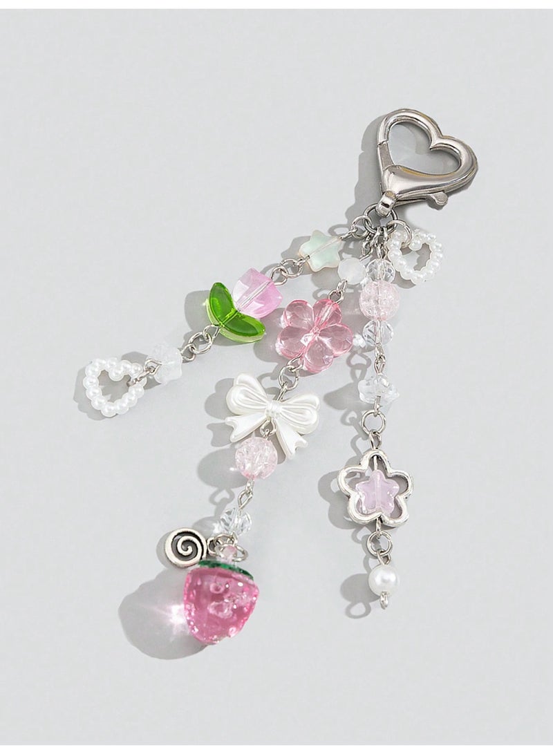 KHAJUL Cute Heart-Shaped Strawberry Pendant Keychain with Bow and Star Decor, Floral Tulip Bag Charm Key Ring for Women, Sweet Style Purse Charm for Daily Accessories, - Image 5
