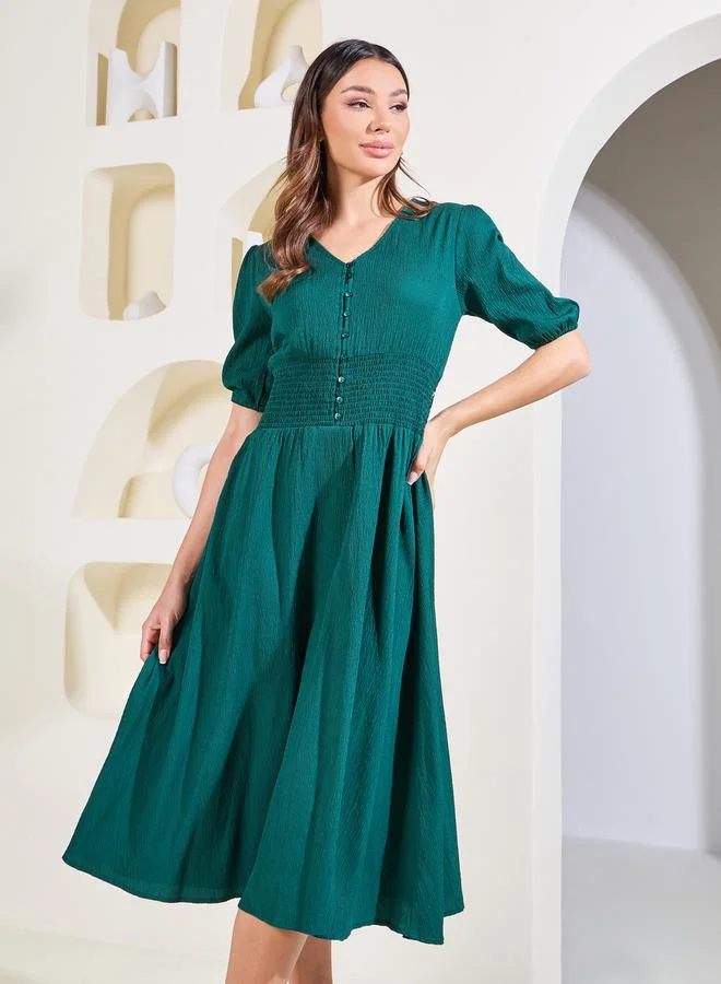 Styli Smocked Detail Textured A-Line Midi Dress
