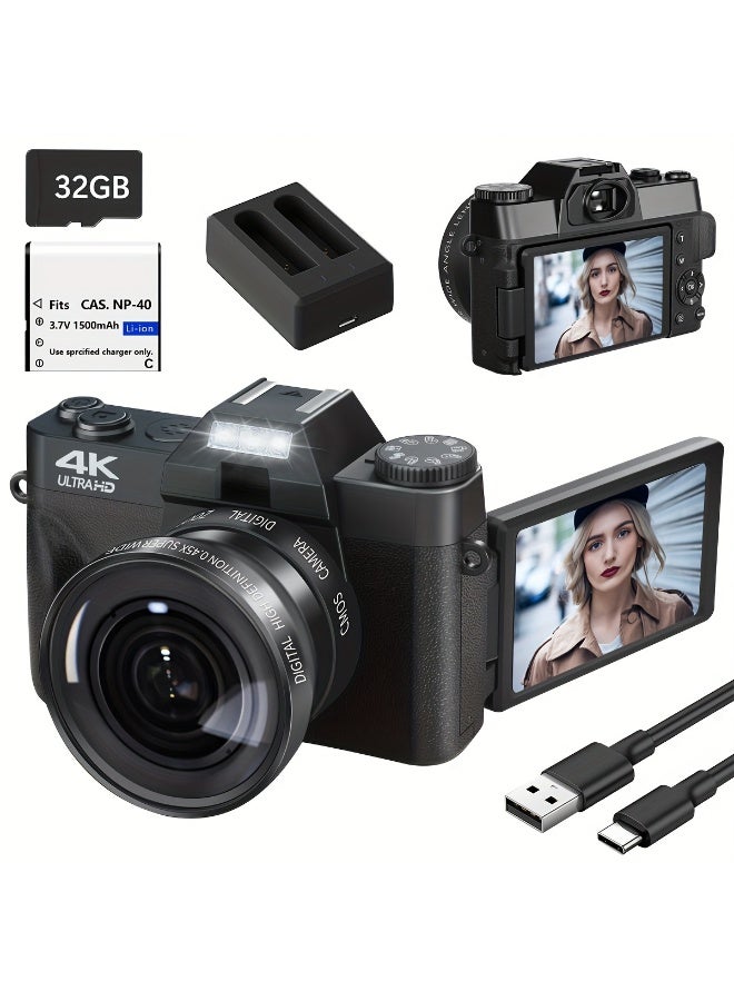 XiuWoo 4K Digital Camera for Photography Auto-Focus 56MP Vlog Camera, Support 16X Digital Zoom 3 Inch 180° Flip Screen, Comes with 52mm Wide Angle & Macro Lens and 32G Memory Card a 1500mAH Battery,Black - Image 1