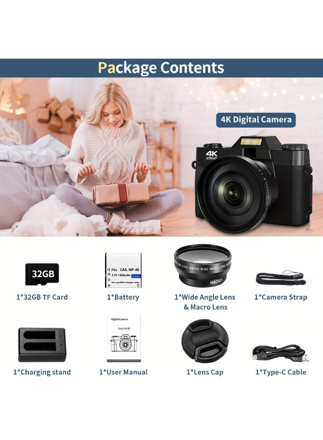 XiuWoo 4K Digital Camera for Photography Auto-Focus 56MP Vlog Camera, Support 16X Digital Zoom 3 Inch 180° Flip Screen, Comes with 52mm Wide Angle & Macro Lens and 32G Memory Card a 1500mAH Battery,Black - Image 2