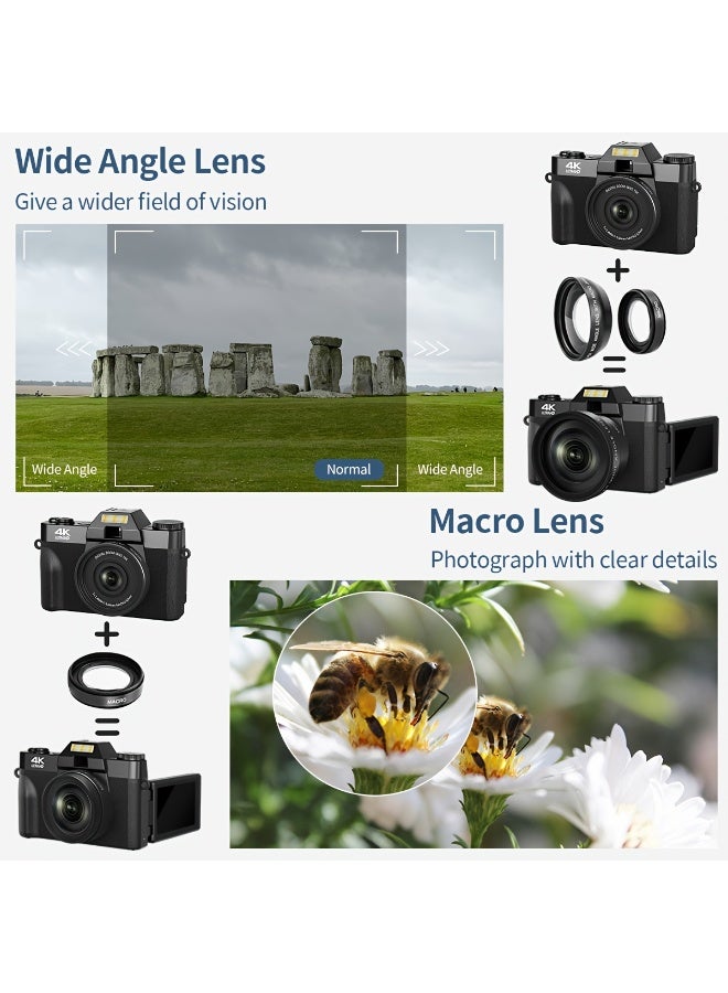 XiuWoo 4K Digital Camera for Photography Auto-Focus 56MP Vlog Camera, Support 16X Digital Zoom 3 Inch 180° Flip Screen, Comes with 52mm Wide Angle & Macro Lens and 32G Memory Card a 1500mAH Battery,Black - Image 4