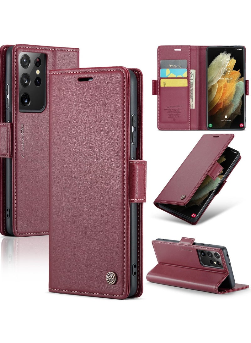CaseMe Phone Case Luxury PU Leather Design Anti Fingerprint 023 Flip Cover Card Slot Holder Cover For Samsung Galaxy S21 Ultra (Red) - Image 1