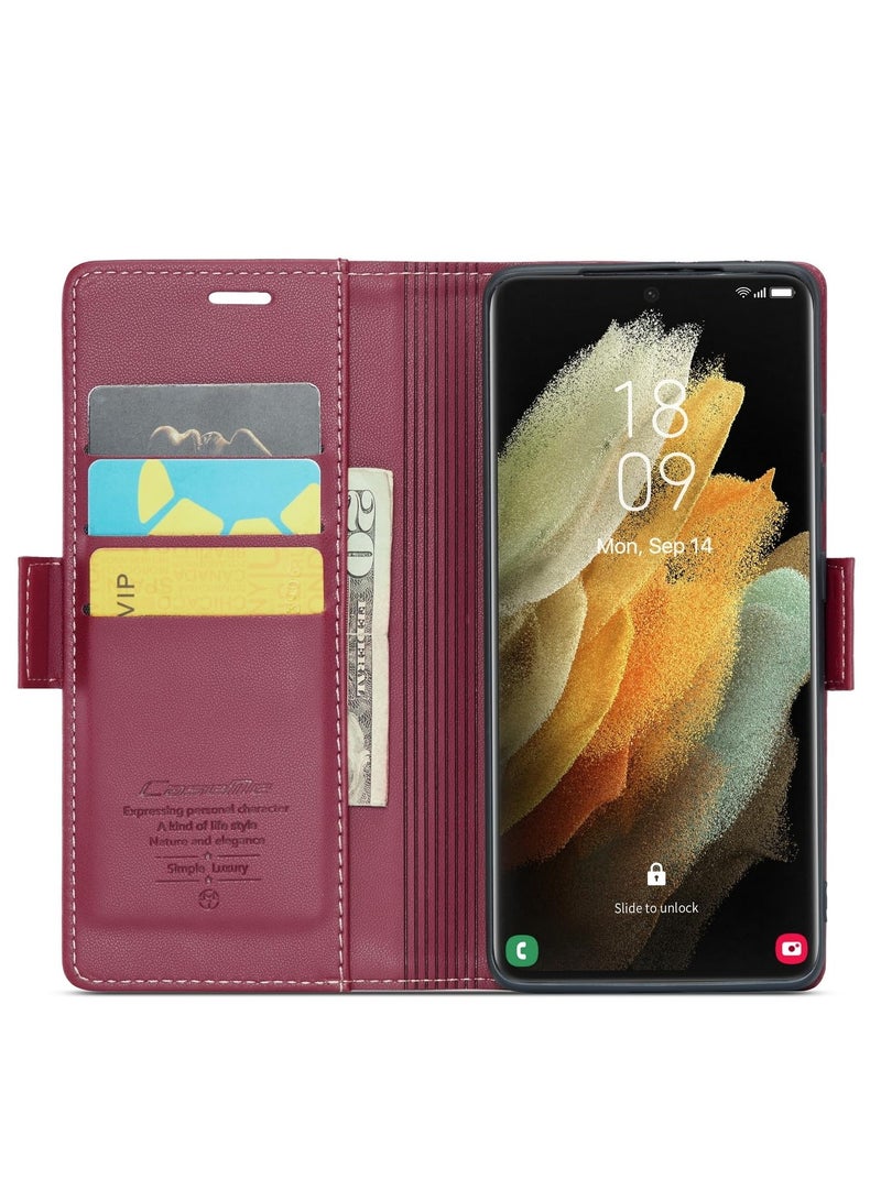 CaseMe Phone Case Luxury PU Leather Design Anti Fingerprint 023 Flip Cover Card Slot Holder Cover For Samsung Galaxy S21 Ultra (Red) - Image 4
