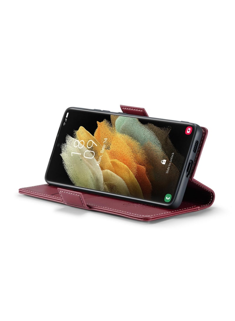 CaseMe Phone Case Luxury PU Leather Design Anti Fingerprint 023 Flip Cover Card Slot Holder Cover For Samsung Galaxy S21 Ultra (Red) - Image 3