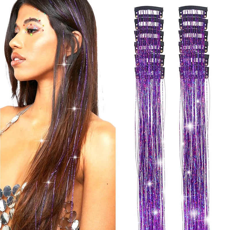 YOOONXI 12Pcs Hair Tinsel Clip in 196Inch Glitter Tinsel Hair Extensions Clip in Hair Tinsel Kit Heat Resistant Shiny Sparkle Fairy Hair Accessories for Women Girls Kids Purple