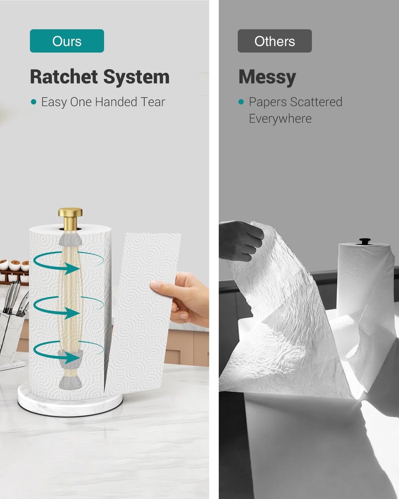 PAROTO Paper Towel Holder Countertop, Marble Weighted Base, Warm Gold, One-Handed Tear, Freestanding Paper Towel Stand Rack with Ratchet Mechanism for Kitchen Bathroom Essential Decor Accessories - Image 3