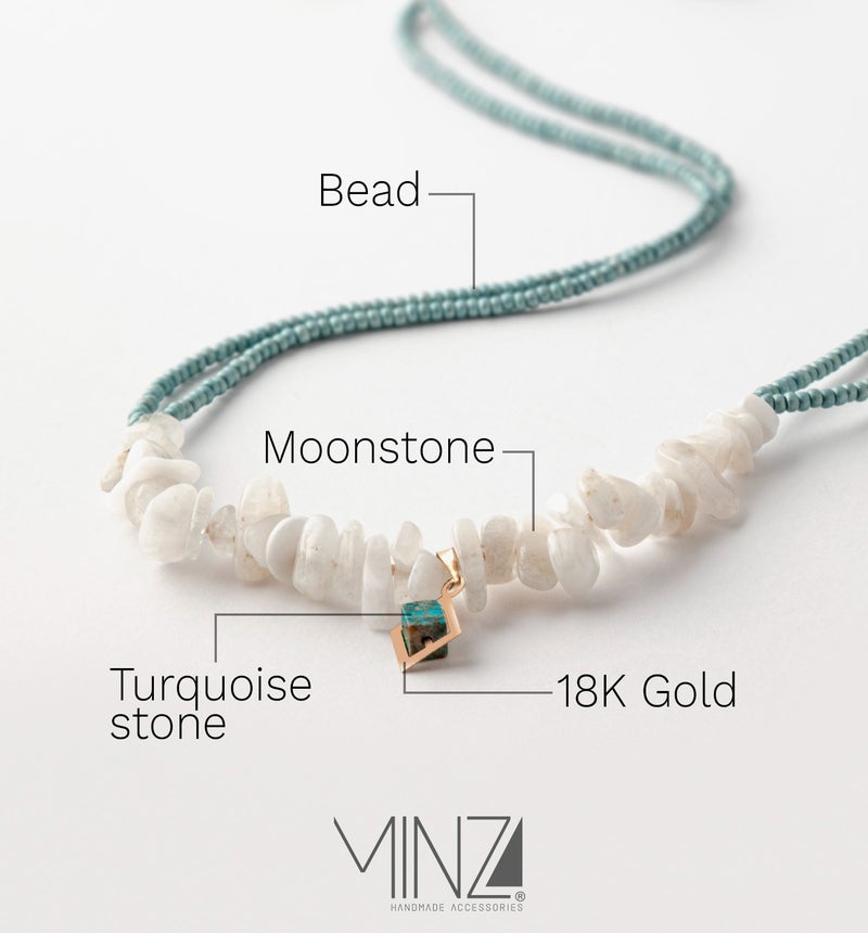 Minza “Moonstone” Women’s Necklace, Pure 18K Gold Pendant, Moonstone Chips, Turquoise Jasper & Czech Beads, Handmade Beaded Necklace for Women, Jewelry for Casual & Special Occasion. - Image 5