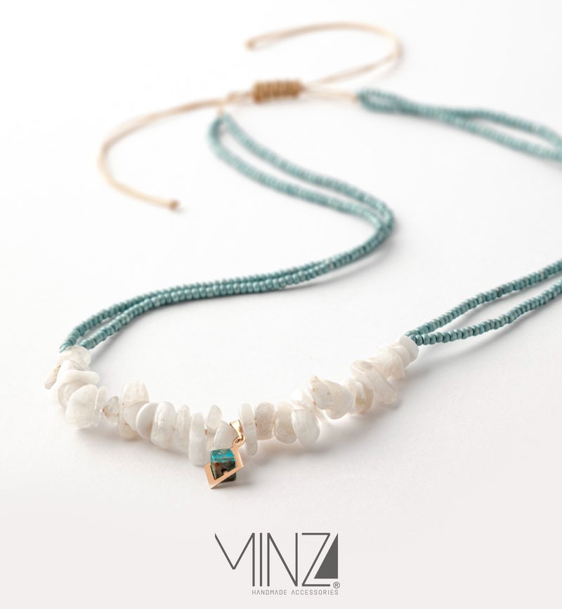 Minza “Moonstone” Women’s Necklace, Pure 18K Gold Pendant, Moonstone Chips, Turquoise Jasper & Czech Beads, Handmade Beaded Necklace for Women, Jewelry for Casual & Special Occasion. - Image 2