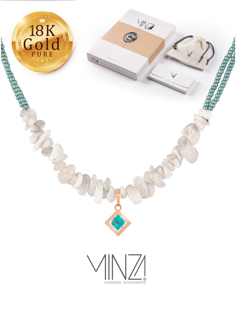 Minza “Moonstone” Women’s Necklace, Pure 18K Gold Pendant, Moonstone Chips, Turquoise Jasper & Czech Beads, Handmade Beaded Necklace for Women, Jewelry for Casual & Special Occasion. - Image 1