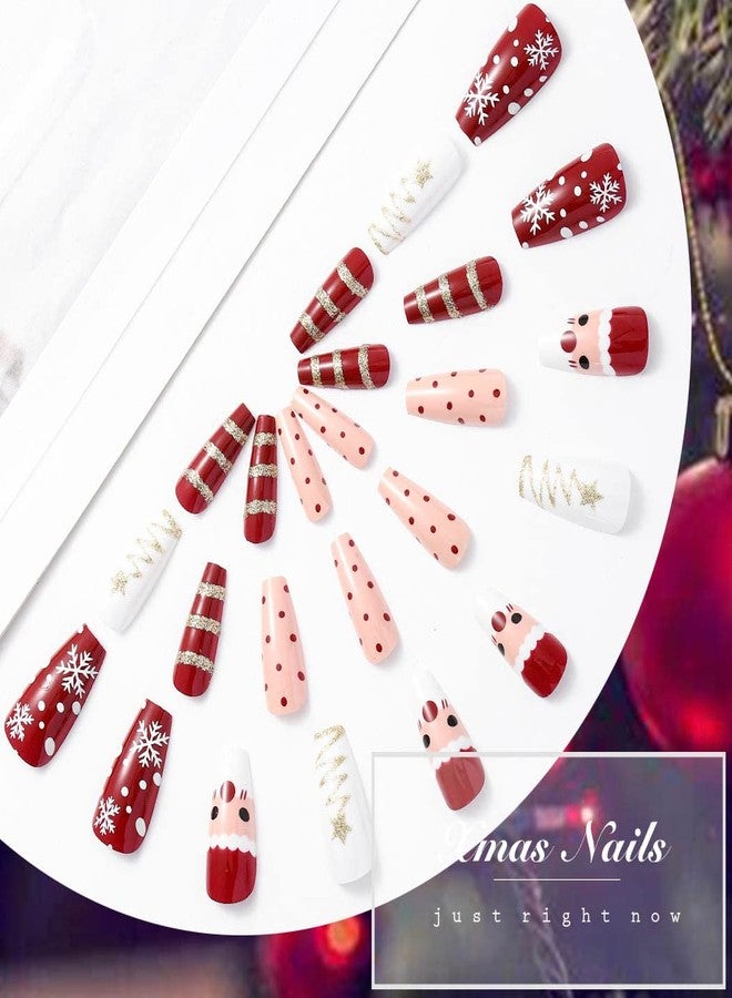 Aceorna Long Red Press on Nails Glossy Stripe Coffin Fake Nails Snowflake Reindeer Full Cover Santa Acrylic Nail Christmas False Nails for Women and Girls 24PCS (Type C) - Image 2