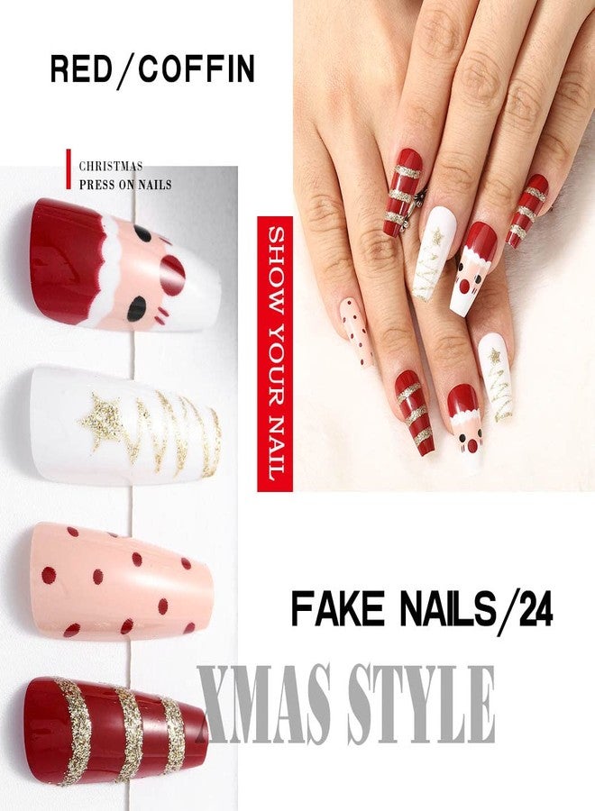 Aceorna Long Red Press on Nails Glossy Stripe Coffin Fake Nails Snowflake Reindeer Full Cover Santa Acrylic Nail Christmas False Nails for Women and Girls 24PCS (Type C) - Image 5