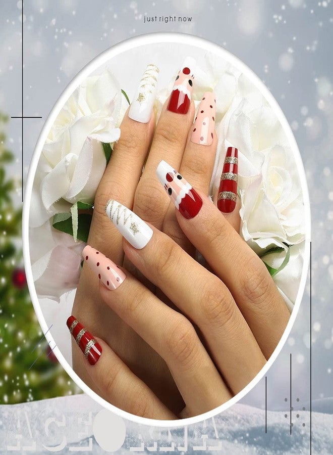 Aceorna Long Red Press on Nails Glossy Stripe Coffin Fake Nails Snowflake Reindeer Full Cover Santa Acrylic Nail Christmas False Nails for Women and Girls 24PCS (Type C) - Image 3