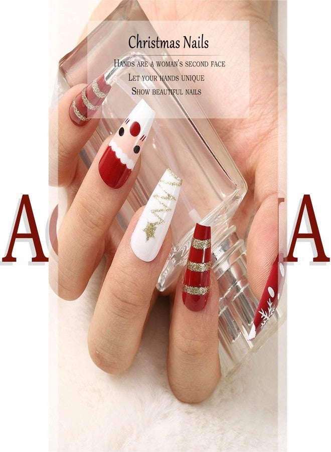 Aceorna Long Red Press on Nails Glossy Stripe Coffin Fake Nails Snowflake Reindeer Full Cover Santa Acrylic Nail Christmas False Nails for Women and Girls 24PCS (Type C) - Image 4