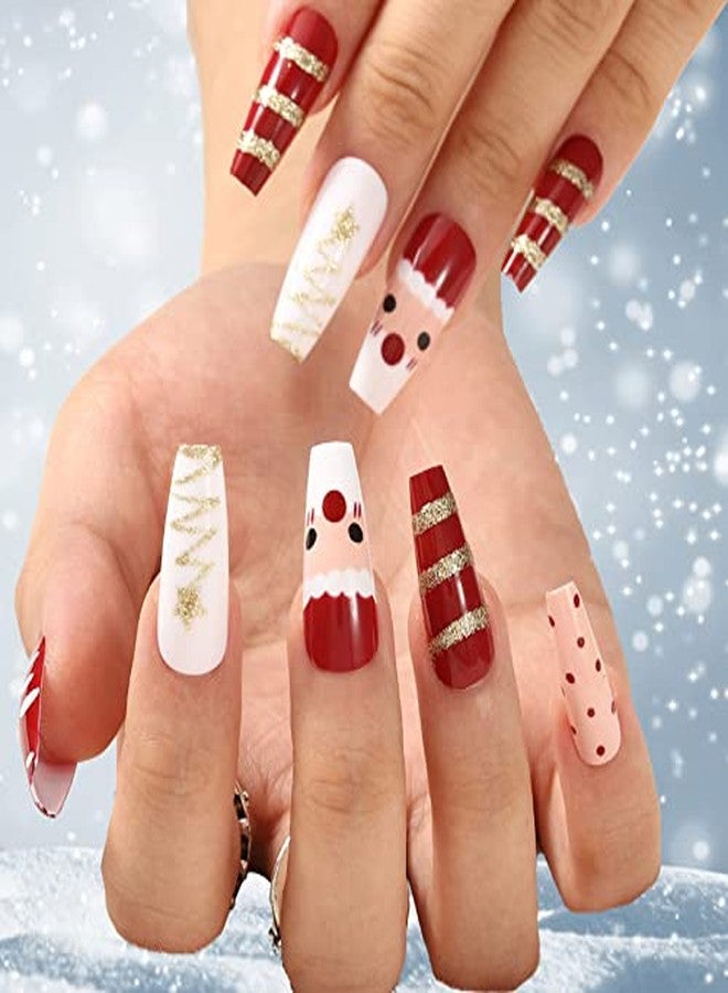 Aceorna Long Red Press on Nails Glossy Stripe Coffin Fake Nails Snowflake Reindeer Full Cover Santa Acrylic Nail Christmas False Nails for Women and Girls 24PCS (Type C) - Image 1