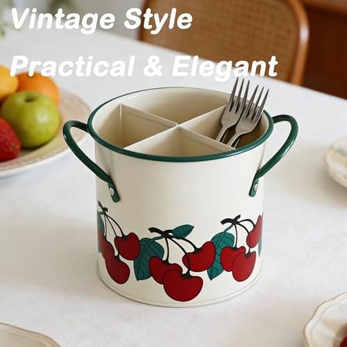 CJFNDFA Vintage Utensil Crock - vintage red Kitchen Decor Iron Organizer with Detachable Divider, 4-Compartment Drain Hole Utensil Holder for Vintage Kitchen Utensils & Accessories - Image 4