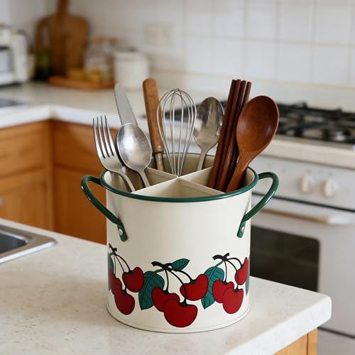 CJFNDFA Vintage Utensil Crock - vintage red Kitchen Decor Iron Organizer with Detachable Divider, 4-Compartment Drain Hole Utensil Holder for Vintage Kitchen Utensils & Accessories - Image 5