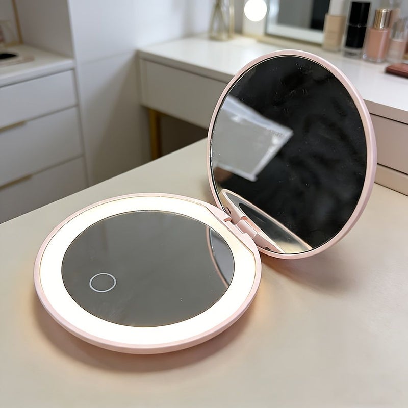 Rechargeable Dual Sided Compact Makeup Mirror Pink Folding Vanity Mirror With 5x 1x Magnification Quick Switch 180 Degree Foldable Magnifying Mirror High Definition Transparent Glass Portable Pocket - Image 2