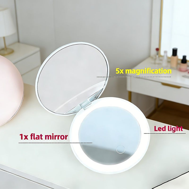 Rechargeable Dual Sided Compact Makeup Mirror Pink Folding Vanity Mirror With 5x 1x Magnification Quick Switch 180 Degree Foldable Magnifying Mirror High Definition Transparent Glass Portable Pocket - Image 3