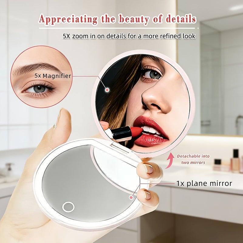 Rechargeable Dual Sided Compact Makeup Mirror Pink Folding Vanity Mirror With 5x 1x Magnification Quick Switch 180 Degree Foldable Magnifying Mirror High Definition Transparent Glass Portable Pocket - Image 1